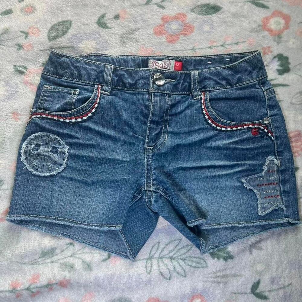 Y2K Patriotic Denim Shorts Kids 12 Mcbling Retro Americana 4th of July Red Blue